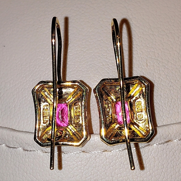 14K GOLD VERMILE 1ct NATURAL PINK EMERALD CUT SAPPHIRE EARRINGS LATCH BACK - Picture 14 of 15